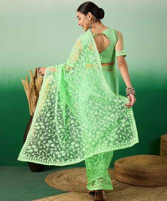 Pastel green work net saree with floral design 5