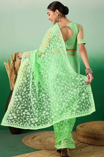 Pastel green work net saree with floral design