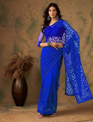 Royal blue work net saree with floral design 1