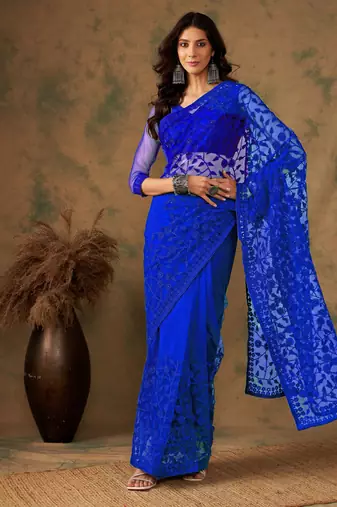 Royal blue work net saree with floral design