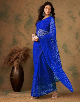 Royal blue work net saree with floral design 2