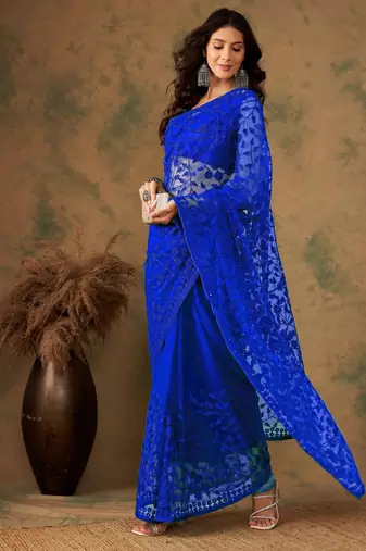 Royal blue work net saree with floral design