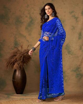 Royal blue work net saree with floral design 3