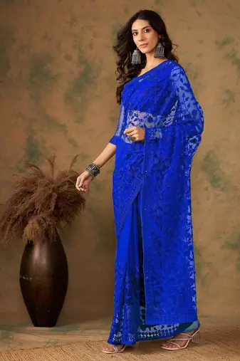 Royal blue work net saree with floral design