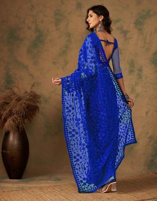 Royal blue work net saree with floral design 4