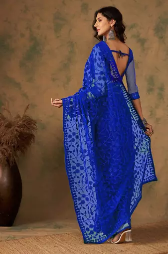 Royal blue work net saree with floral design