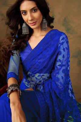 Royal blue work net saree with floral design 5