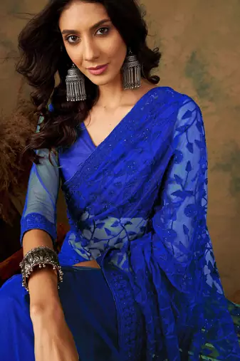 Royal blue work net saree with floral design