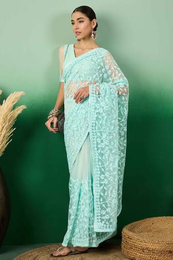 Sky blue work net saree with floral design