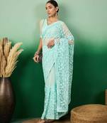 Sky blue work net saree with floral design