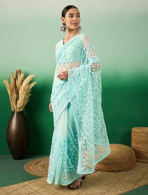 Sky blue work net saree with floral design 2