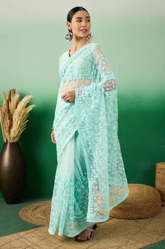 Sky blue work net saree with floral design