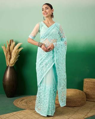 Sky blue work net saree with floral design 3