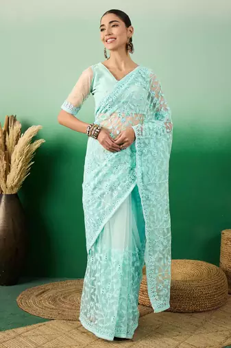 Sky blue work net saree with floral design