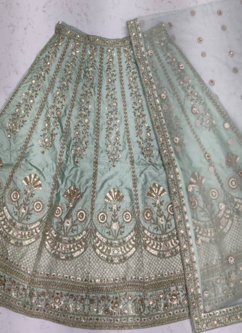 sea green motif embroidered art silk lehenga choli