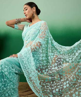 Sky blue work net saree with floral design 4