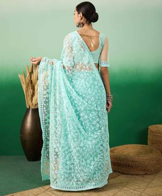 Sky blue work net saree with floral design 5