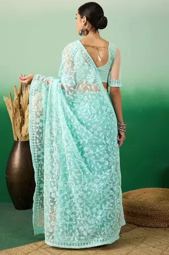 Sky blue work net saree with floral design