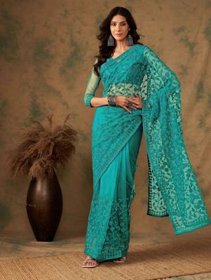 Teal blue work net saree with floral design 1
