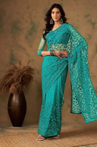 Teal blue work net saree with floral design