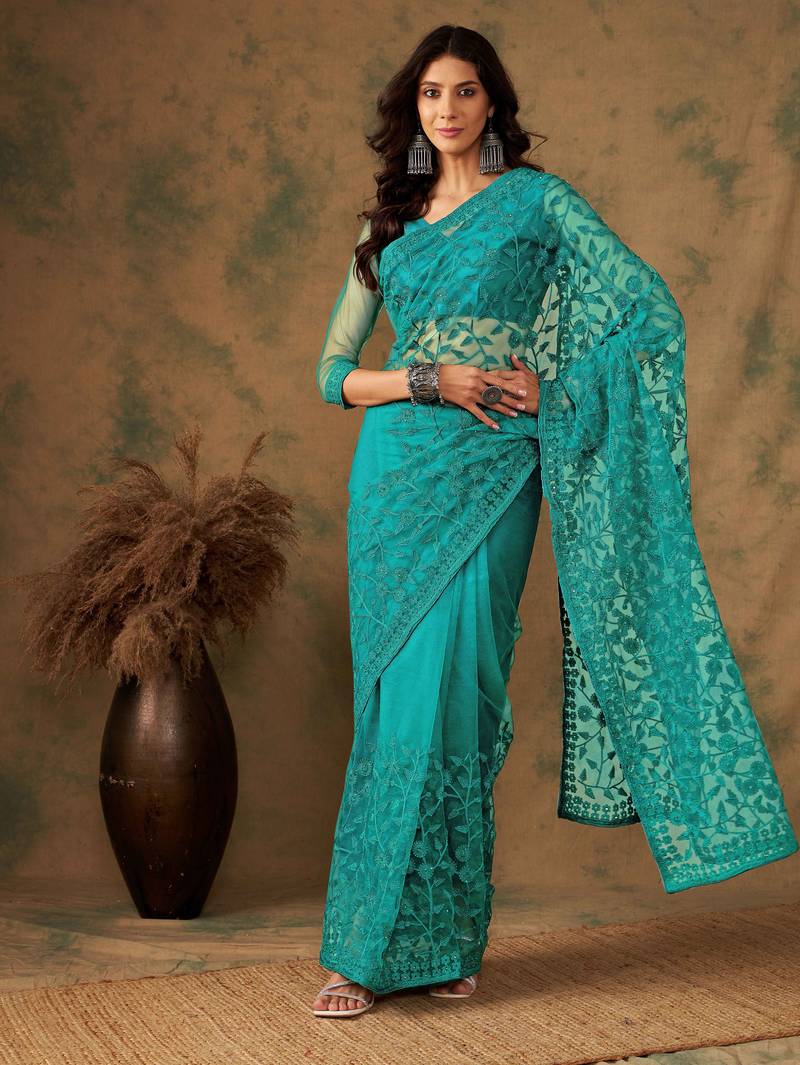 Teal blue work net saree with floral design