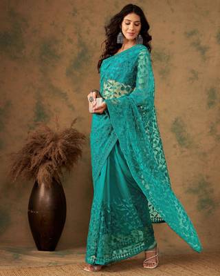 Teal blue work net saree with floral design 2