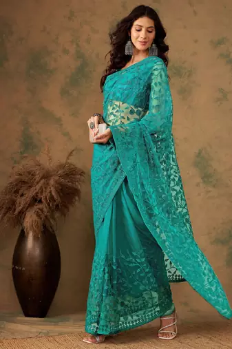 Teal blue work net saree with floral design