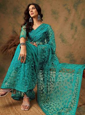 Teal blue work net saree with floral design 3