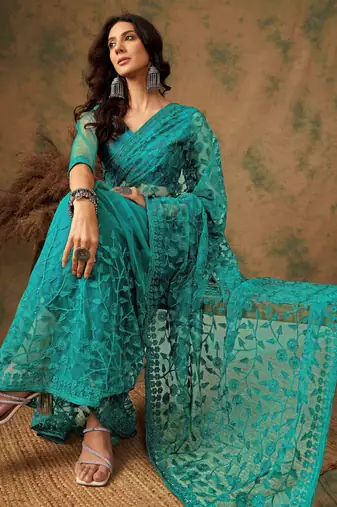 Teal blue work net saree with floral design