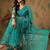Teal blue work net saree with floral design