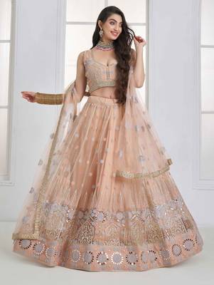 Peach Net sequin embroidered lehenga set with choli and Dupatta 1