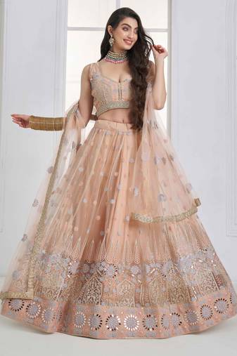 Peach Net sequin embroidered lehenga set with choli and Dupatta