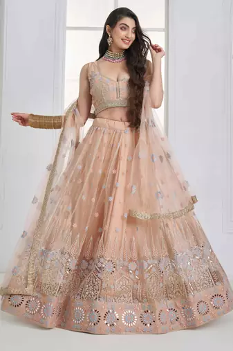 Peach Net sequin embroidered lehenga set with choli and Dupatta