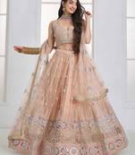 Peach Net sequin embroidered lehenga set with choli and Dupatta