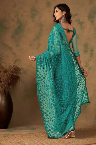 Teal blue work net saree with floral design