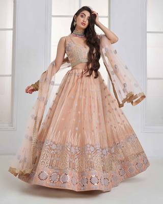Peach Net sequin embroidered lehenga set with choli and Dupatta 2