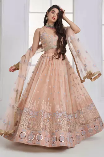 Peach Net sequin embroidered lehenga set with choli and Dupatta