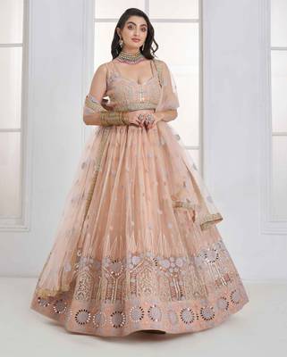 Peach Net sequin embroidered lehenga set with choli and Dupatta 3