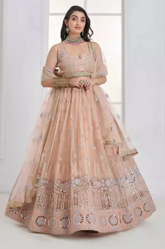 Peach Net sequin embroidered lehenga set with choli and Dupatta