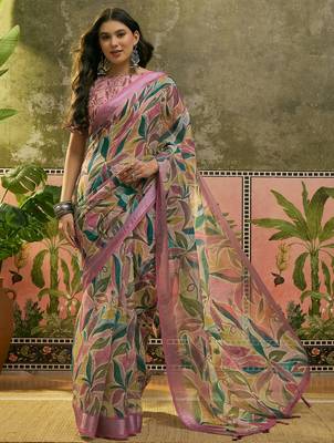 pink linen cotton blend digital printed saree with leaf motifs 1
