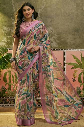 pink linen cotton blend digital printed saree with leaf motifs