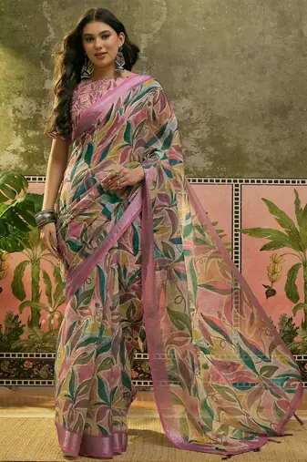 pink linen cotton blend digital printed saree with leaf motifs