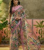 pink linen cotton blend digital printed saree with leaf motifs