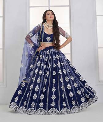 Navy Blue Net sequin embroidered lehenga set with choli and Dupatta 1