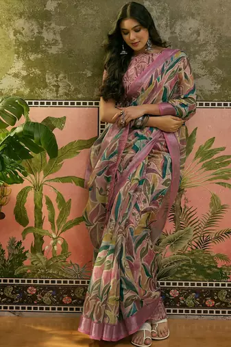 pink linen cotton blend digital printed saree with leaf motifs
