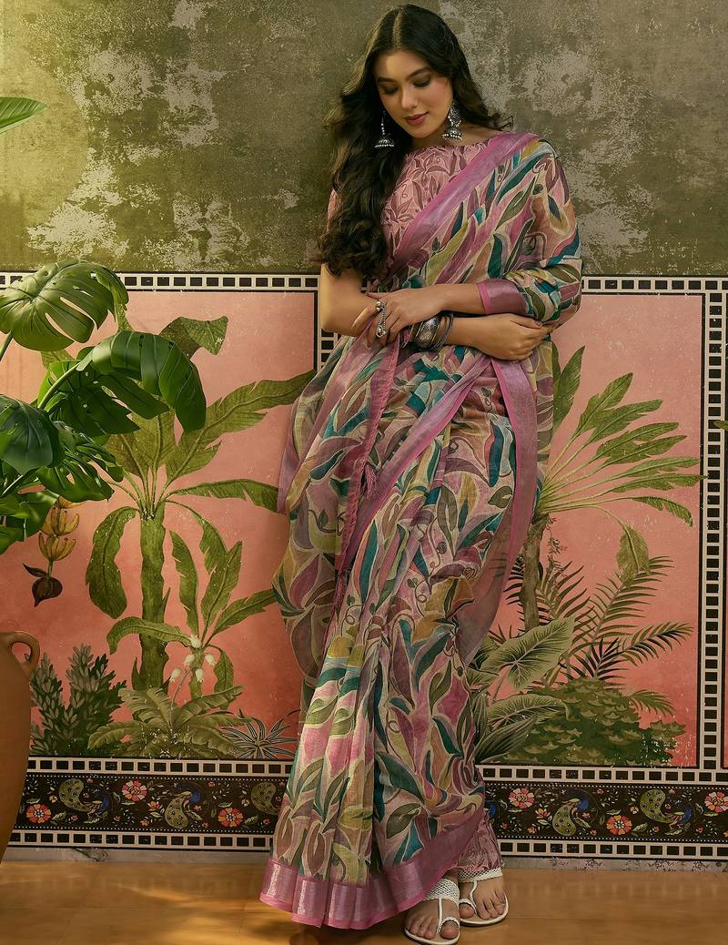 pink linen cotton blend digital printed saree with leaf motifs