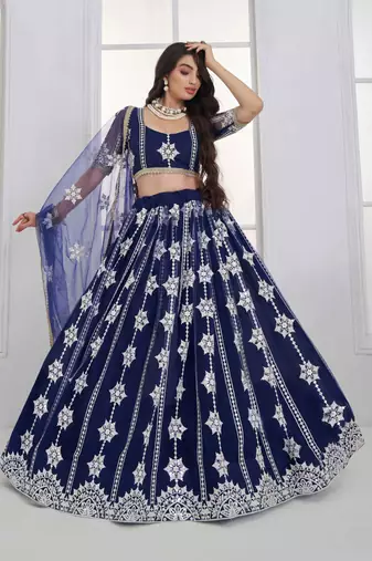 Navy Blue Net sequin embroidered lehenga set with choli and Dupatta