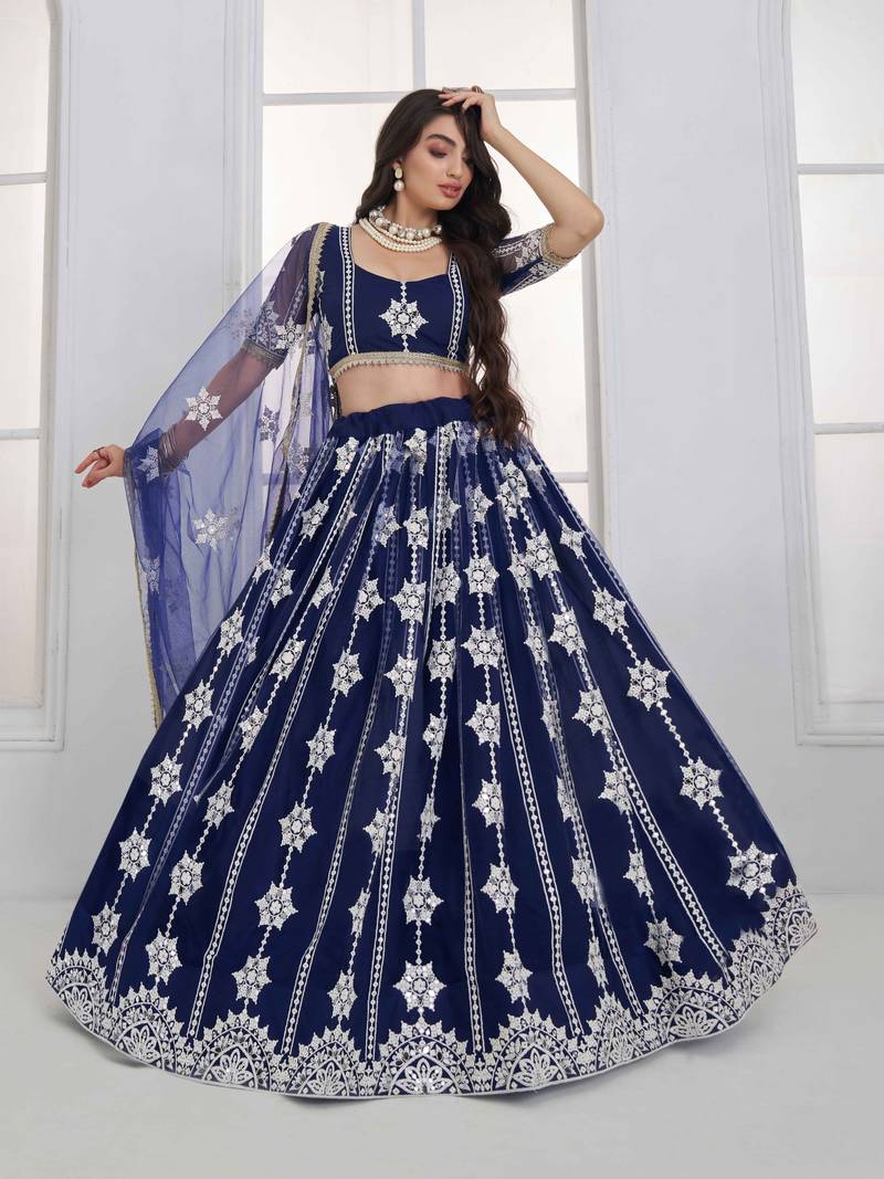 Navy Blue Net sequin embroidered lehenga set with choli and Dupatta