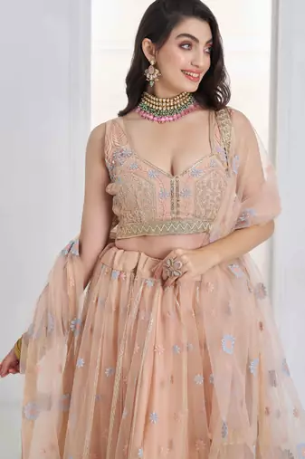 Peach Net sequin embroidered lehenga set with choli and Dupatta
