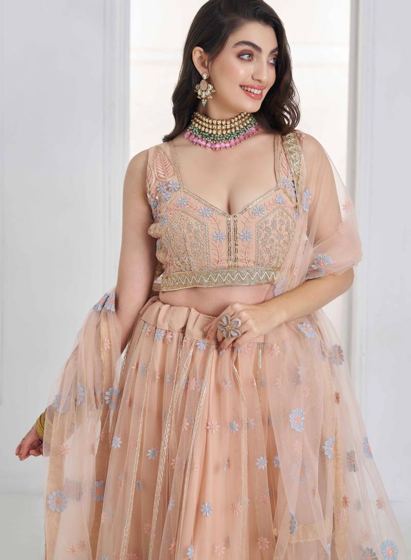 Peach Net sequin embroidered lehenga set with choli and Dupatta